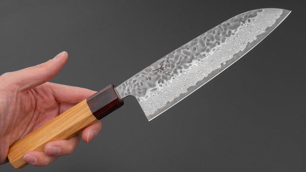 Hitohira Futana Stainless Tsuchime Damascus Santoku 170mm Keyaki Zelkova Handle - Tetogi