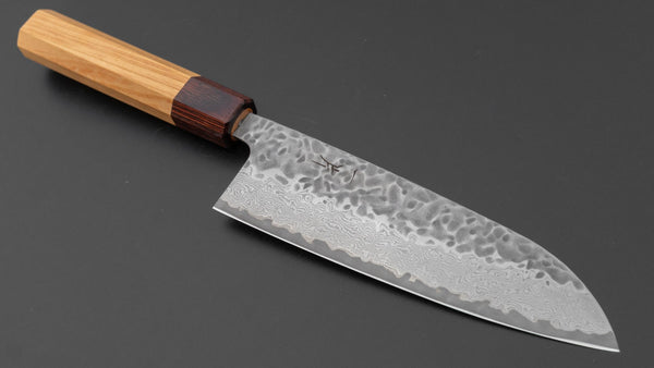 Hitohira Futana Stainless Tsuchime Damascus Santoku 170mm Keyaki Zelkova Handle - Tetogi