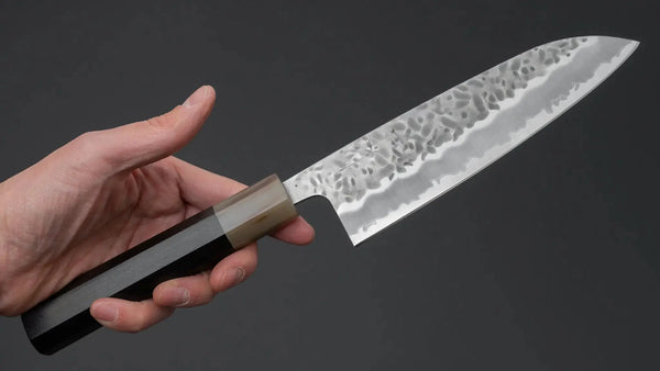 Hitohira Futana White 1 Migaki Tsuchime Santoku 170mm Ebony Handle - Tetogi