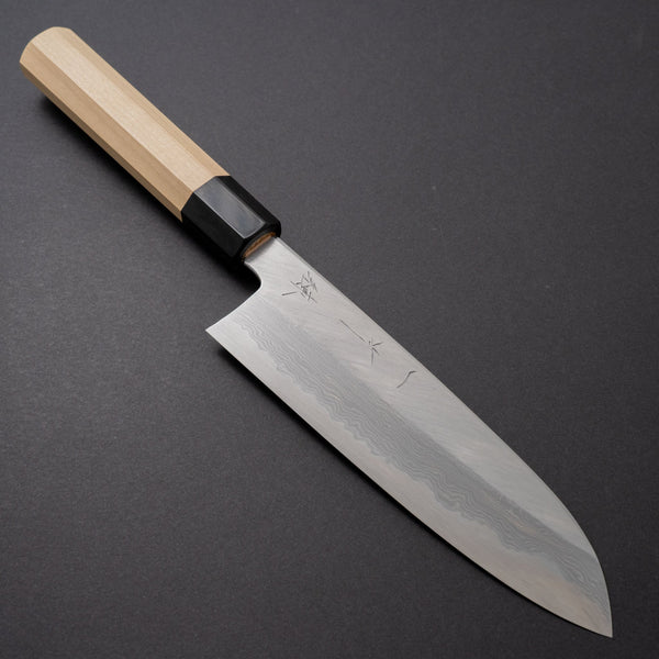 Hitohira Gorobei Ren White #2 Damascus Santoku Ho Wood Handle - Tetogi