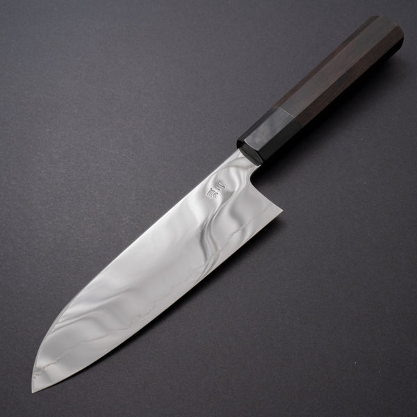 Hitohira Kikuchiyo Rou Silver #3 Fully Mirror Polished Santoku Ebony Handle - Tetogi