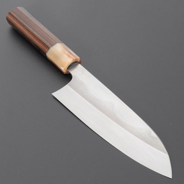 Hitohira Togashi White #1 Fuji Mizu Honyaki Santoku 180mm Taihei Makassar Ebony Handle (#183/ Saya) - Tetogi