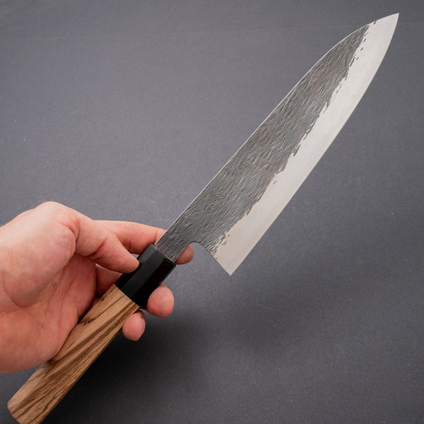 Isamitsu White #1 Stainless Clad Kurouchi Gyuto 210mm Taihei Zebrawood Handle - Tetogi