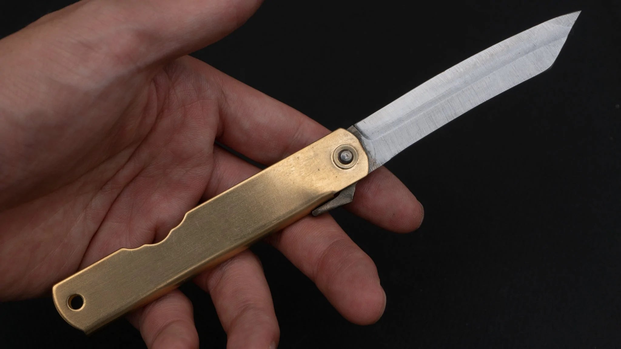 Higonokami Blue Steel Folding Knife Large Brass Handle - Tetogi