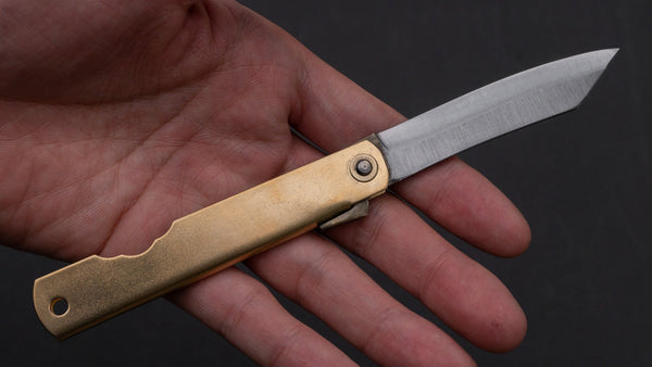 Higonokami Blue Steel Folding Knife Medium Brass Handle - Tetogi